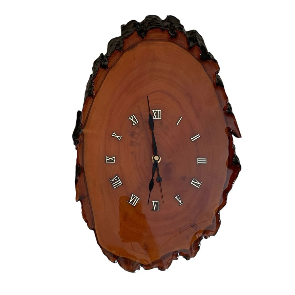 Hand Crafted Natural Wood Slice Wall Clock Roman Numerals Brown